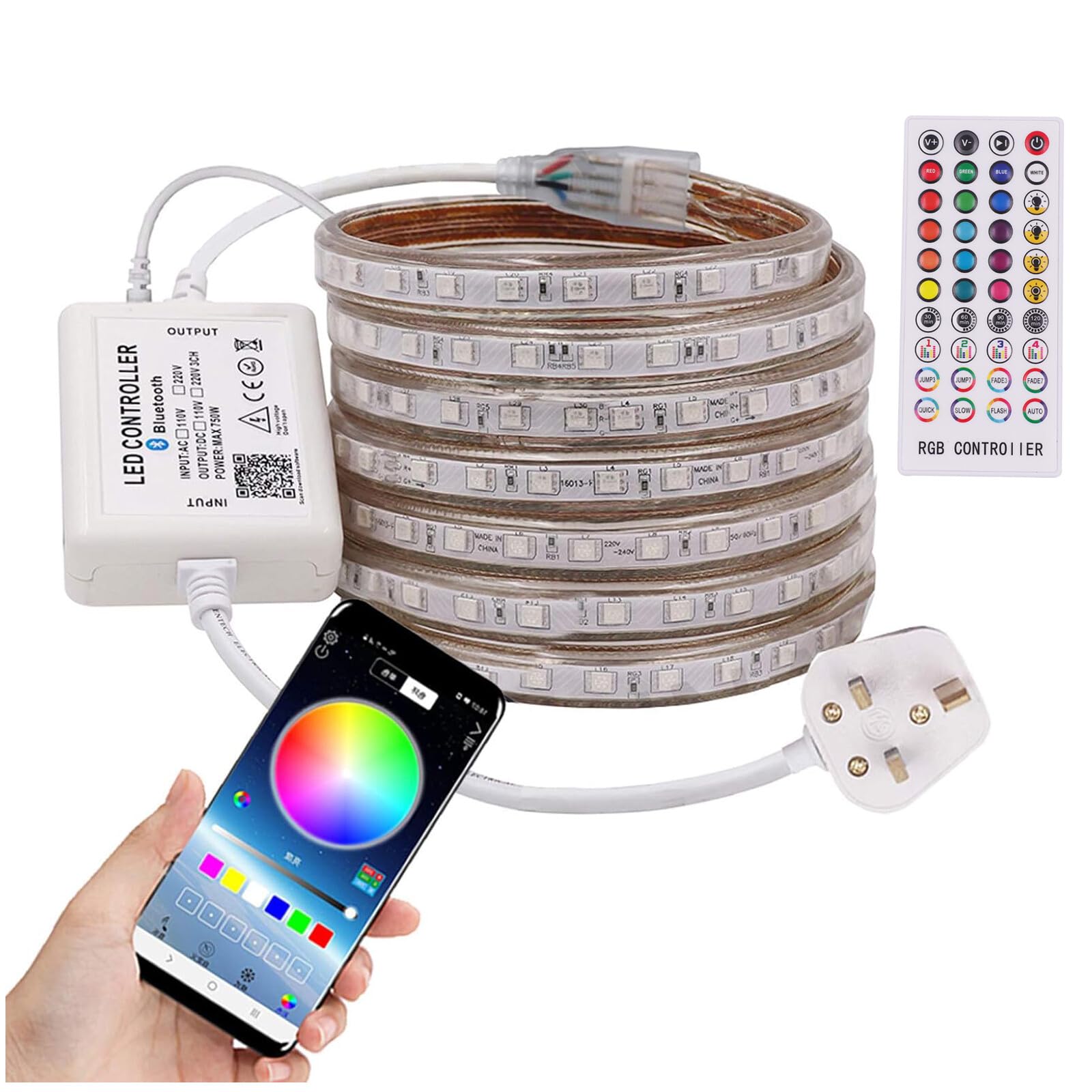 GQL Music Sync & Bluetooth Controller LED Strip Kit, 15m SMD 5050 RGB 120LEDs/m Rope Lights + 40 Keys Dimmable Remote, IP65 Waterproof for Indoor Outdoor Commercial Decor
