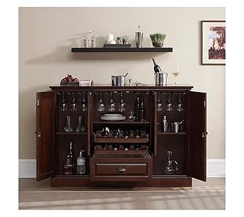 Aprodz Mango Wood Peetz Royal Stylish Bar Cabinet with Wine Glass Storage for Living Room | Chestnut Finish