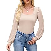 Womens Puff Long Sleeve Tops Square Neck Ribbed Knit Slim Fit Blouse Basic Tee Tops Elegant T Shirts