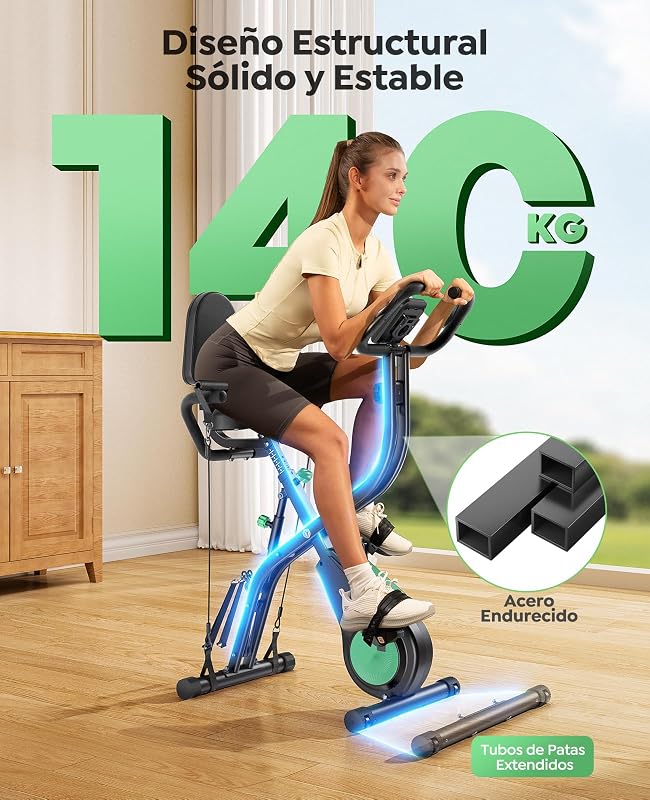 Bicicleta Estática 5 en 1 con App, Bici Estática Plegable para Casa y Espacios Reducidos, 16 Niveles Magnética Silenciosa, con Bandas de resistencia, Respaldo y Pulsómetro, Máx 140KG — foto 2 de 8