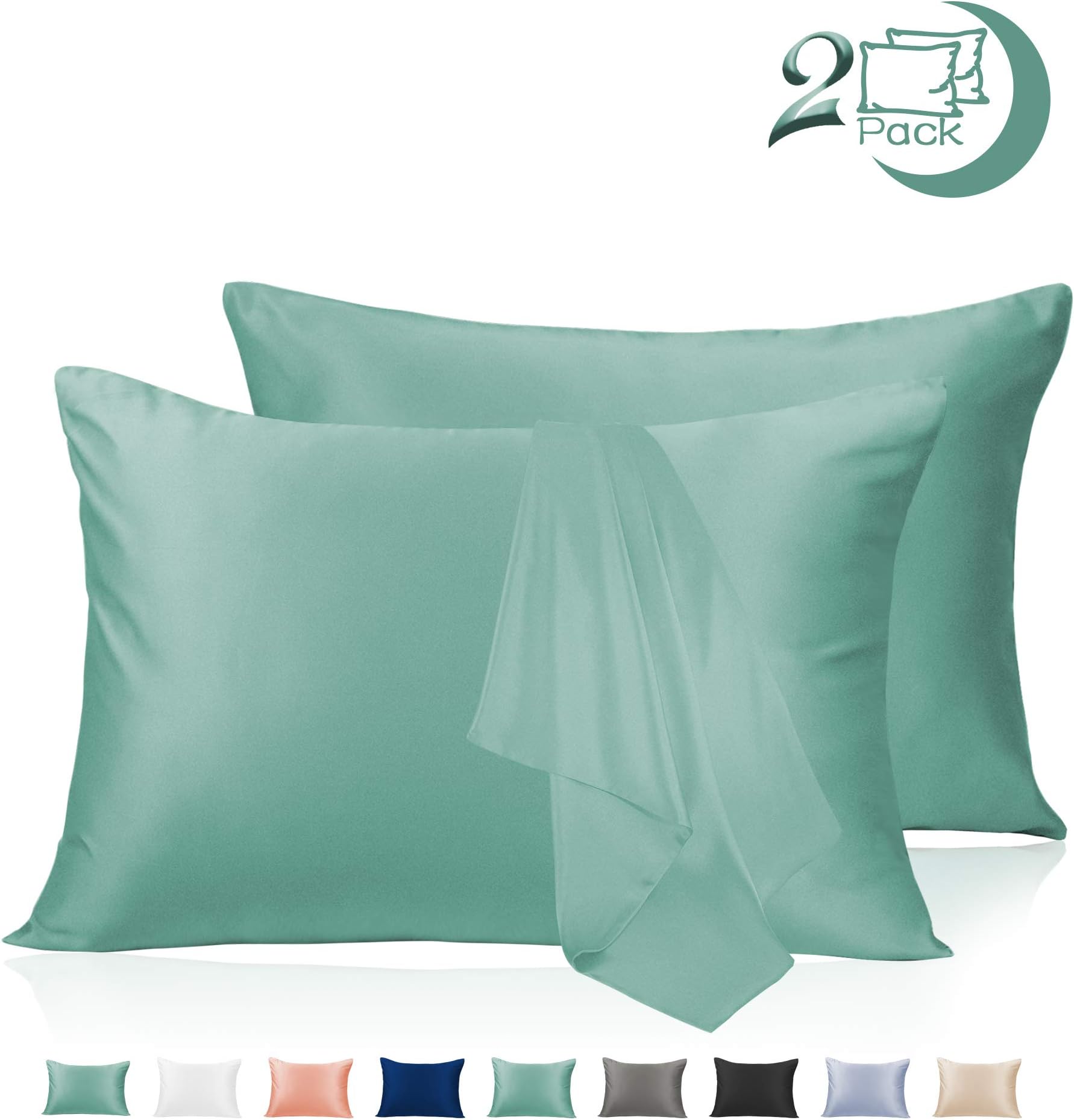 Adubor Satin Pillowcase 2 Pack Silky Pillow Cases for Hair and Skin, Anti-Wrinkle, Super Soft and Luxury Pillow Cases Covers with Envelope Closure (Green, 20''x36'')