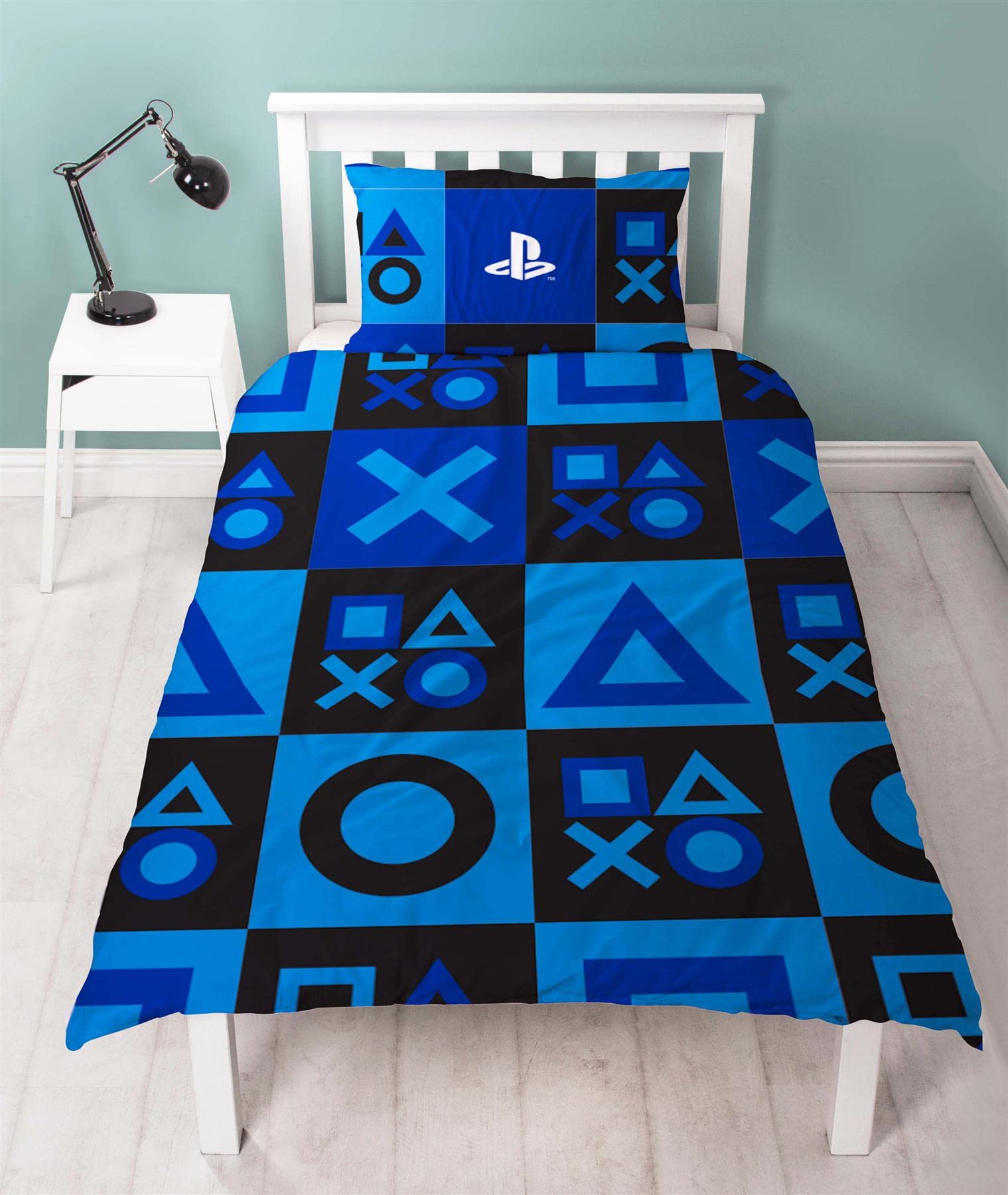 PlayStation Checks Single Duvet Cover Controller Icons Design - Officially Licensed Reversible Bedding set with matching Pillowcase