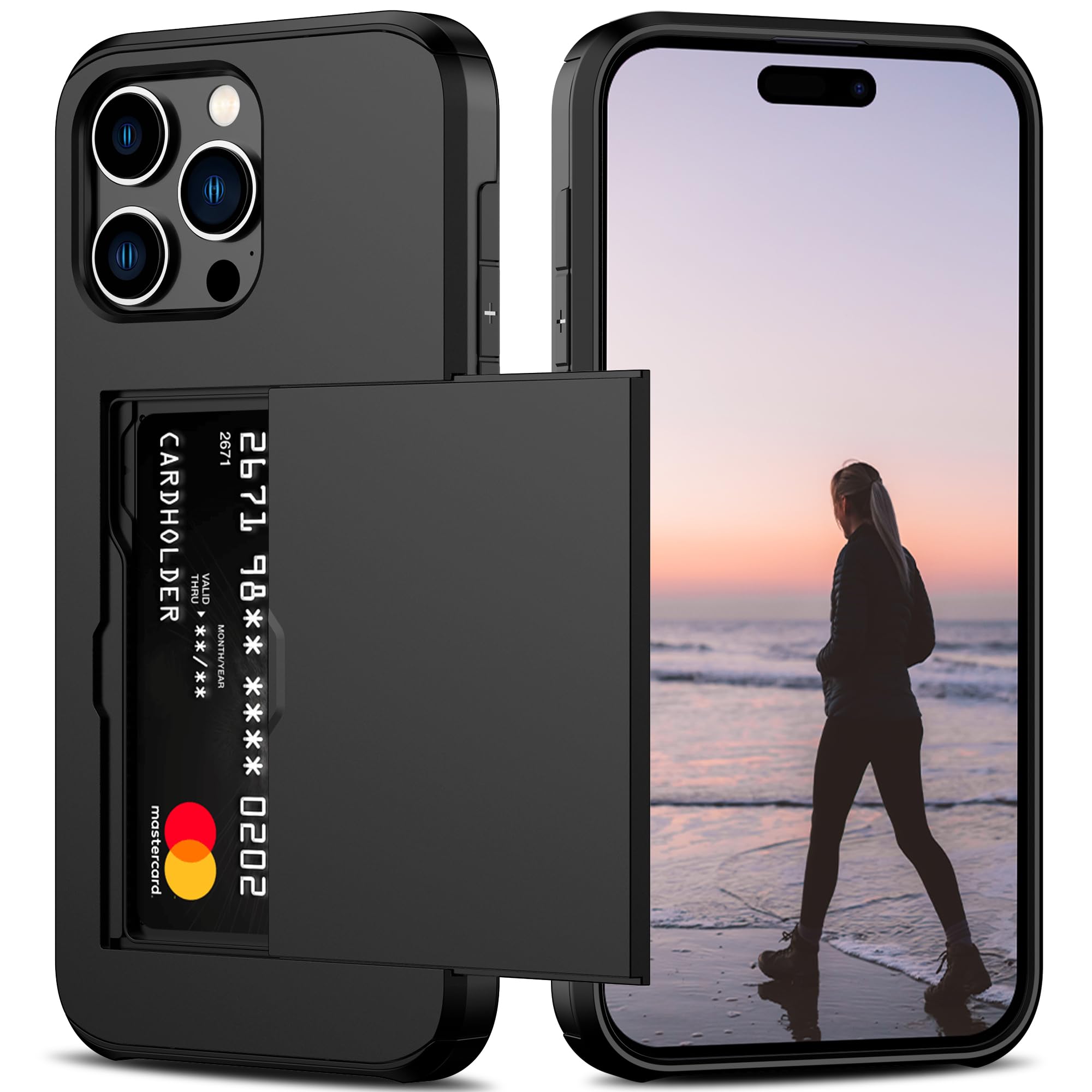 Nvollnoe Compatible with iPhone 15 Pro Max Case with Card Holder Heavy Duty Protective Dual Layer Shockproof Hidden Card Slot Slim Wallet Phone Cover for Women&Men 6.7 inch(Black)