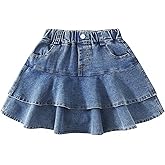 YILIANZHIJIA 3-14Y Girls' Elastic Denim Skort | Mini Flared Pleated | Built-in Shorts for Easy On/Off