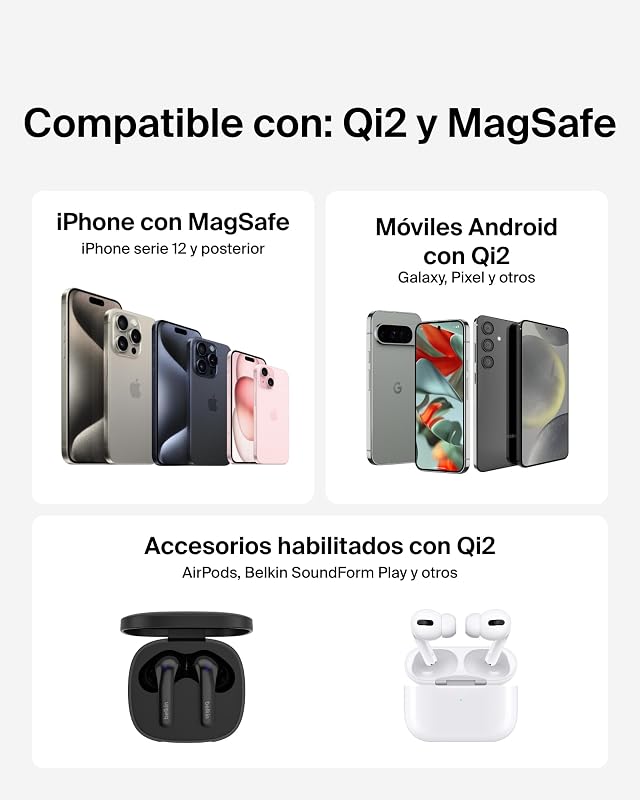 Carregador sem fios compatível com MagSafe, base de carregamento magnético de 15W, certificação Qi2, iPhone 17, Air, Samsung Galaxy S25, Pixelsnap e AirPods - com fonte de alimentação - Preto