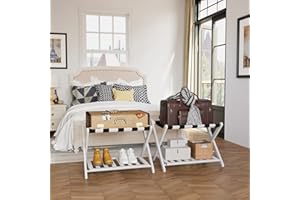 Semiocthome 2 Packs Fully Assembled White Luggage Rack, Heavy Duty Bamboo Suitcase Stand with Storage Shelf, Holds up to 200lbs, Bedroom, Guest Room, Hotel