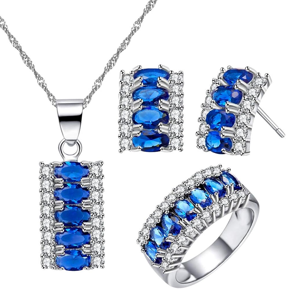 Uloveido Created Navy Blue Sapphire Diamond Oval Cut Rectangle Crystal Cubic Zirconia Necklace/Stud Earrings/Ring White Gold Plated
