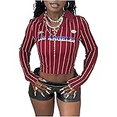 SOLY HUX Women's Striped T Shirt Y2k Letter Graphic Tees Collar V Neck Long Sleeve Crop Tops Going Out Streetwear