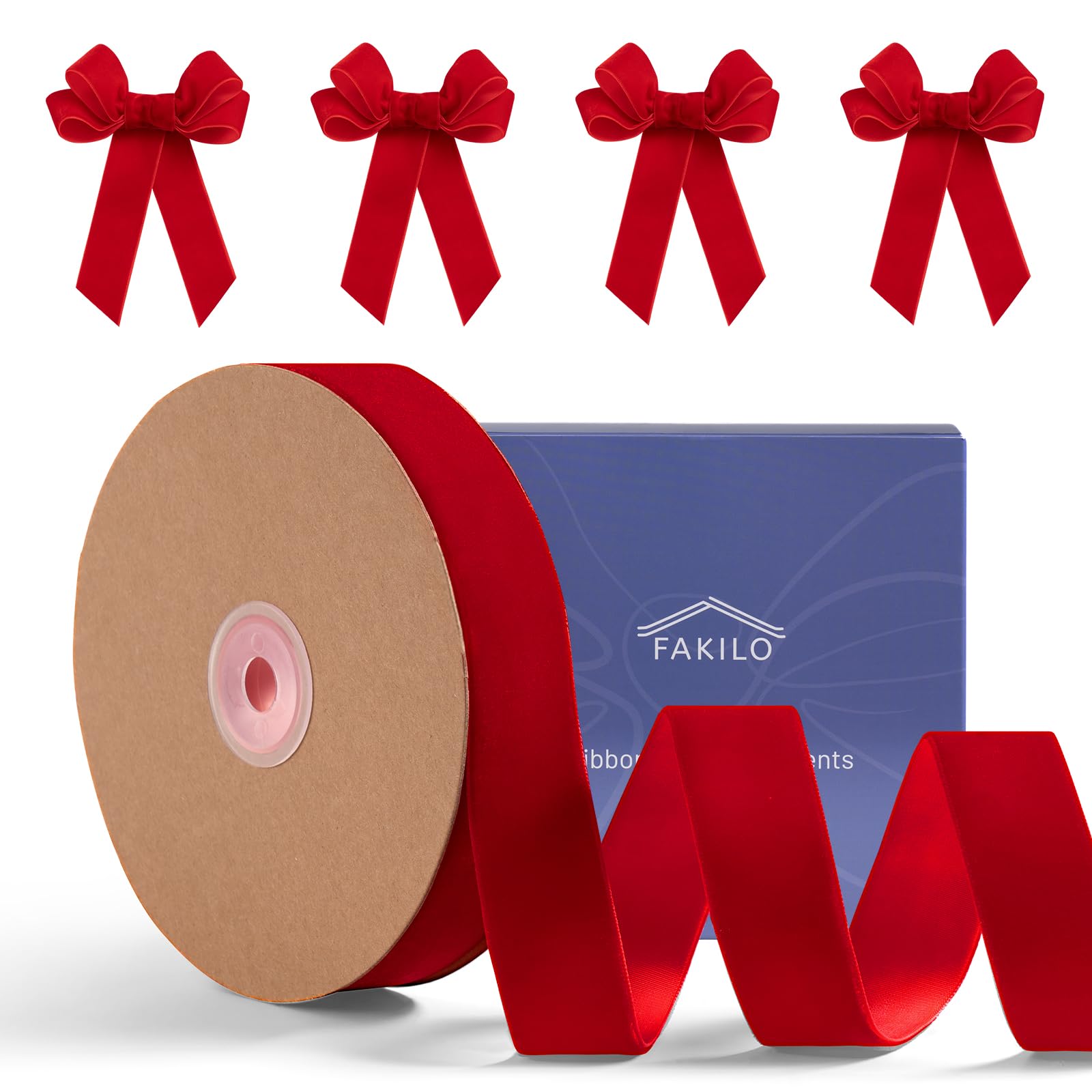 Red Velvet Ribbon 1 Inch x 25 Yd, FAKILO Ribbon Red Velvet Perfect for Christmas Tree, Wreath, Gift Wrapping, Bows, Flower Bouquet, Wedding Home Decor