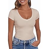 PALINDA Women's V Neck Fitted Shirts Basic Casual Stretchy T Shirt Short Sleeve Summer Tops