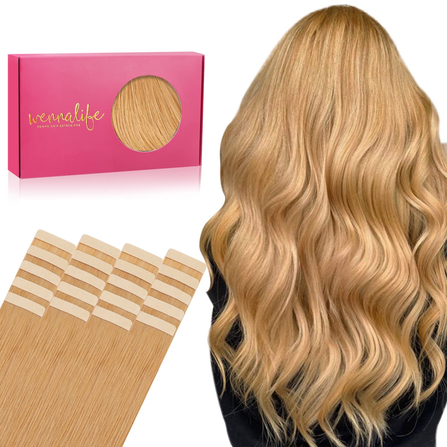WENNALIFE Tape in Hair Extensions 20pcs 18 Inch 50g Strawberry Blonde Remy Human Hair Tape Extensions Straight — image 1