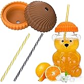 Mity rain Straw & Lid for Starbucks Bear Cup, Glass Bear Cup Reusable Accessories Cute Decorations, Aesthetically Designed Colorful Silicone Lids (Orange & Coffee)