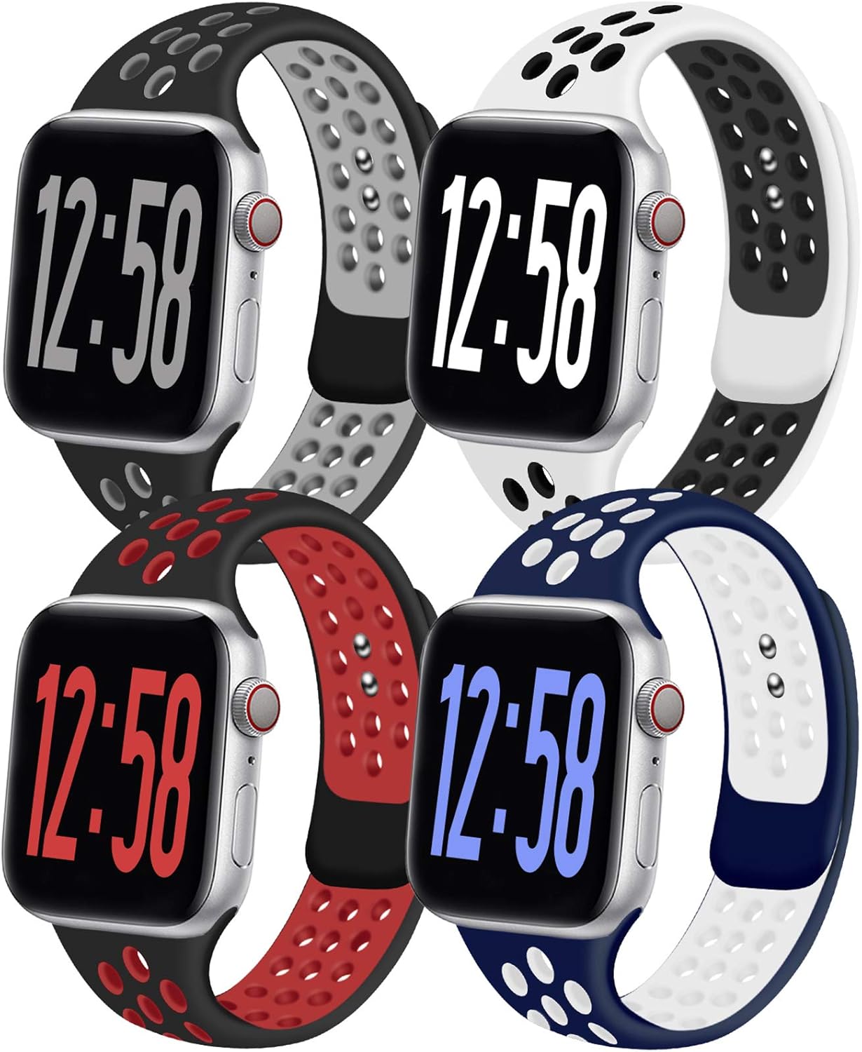 Geoumy 4 Pack Sport Band Compatible for Apple Watch Bands 38mm 40mm 42mm 44mm, Breathable Soft Silicone Band Replacement Wristband Men Women Compatible with iWatch Series 1/2/3/4/5/6 SE