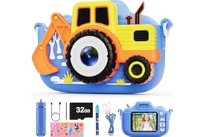 LETSHAHA Kids Camera for Boys, Toddler Camera Christmas Birthday Toys Gifts for 3-8 Years Old Boys Girls, 1080P HD Kids Selfie Digital Camera with 32G SD Card - Excavator