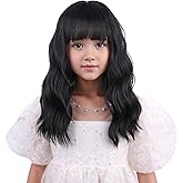 DUDUWIG Girls Black Wig Kids Short Black Wavy Curly Bob Wig Children Black Wig with Bangs Synthetic Wigs for Halloween Party