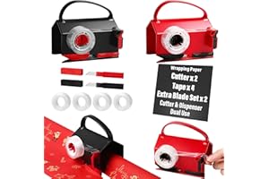 LORUOEA 2 Pack Wrapping Paper Cutter & Tape Dispenser, Dual Use Christmas Gift Wrap Cutter Slider Tool with 4 Tapes & 2 Replaceable Blades for Holiday & Birthday Wrapping Paper Roll, Red and Black