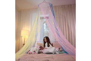 Bollepo Bed Canopy for Girls with Glowing Stars - Canopy Bed Curtains | Fits Single, Twin, Full, Queen Size Kids - Princess Bed Canopy | Rainbow Bedroom Accessories, Netting Room Decor, Ceiling Tent