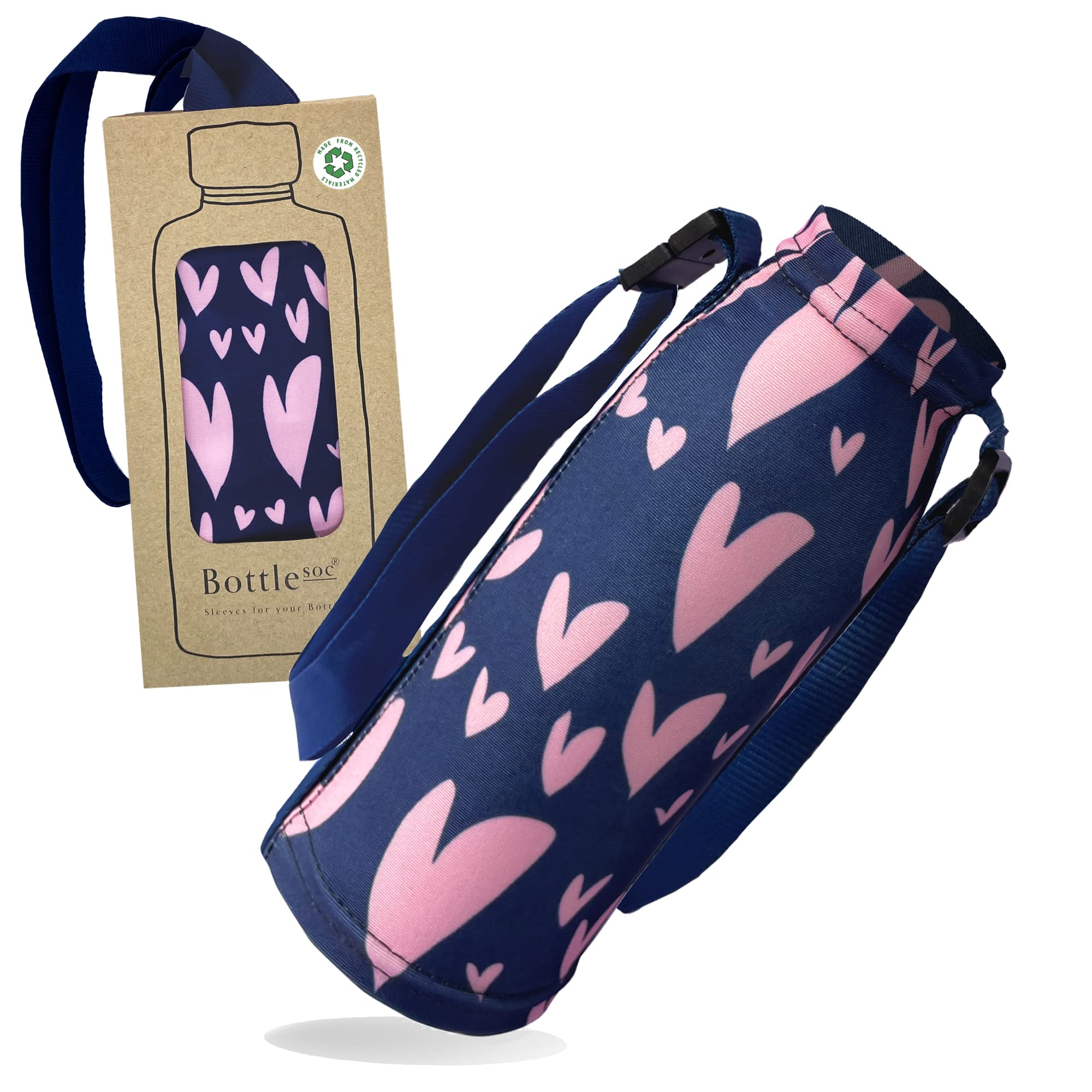 Bottlesoc Water Bottle Carrier with Shoulder Strap | Pink Hearts Design - Washable Cover for Walking & Travel | Eco Friendly Sleeve with Adjustable Strap | Stretchable & Reusable Water Bottle Holder
