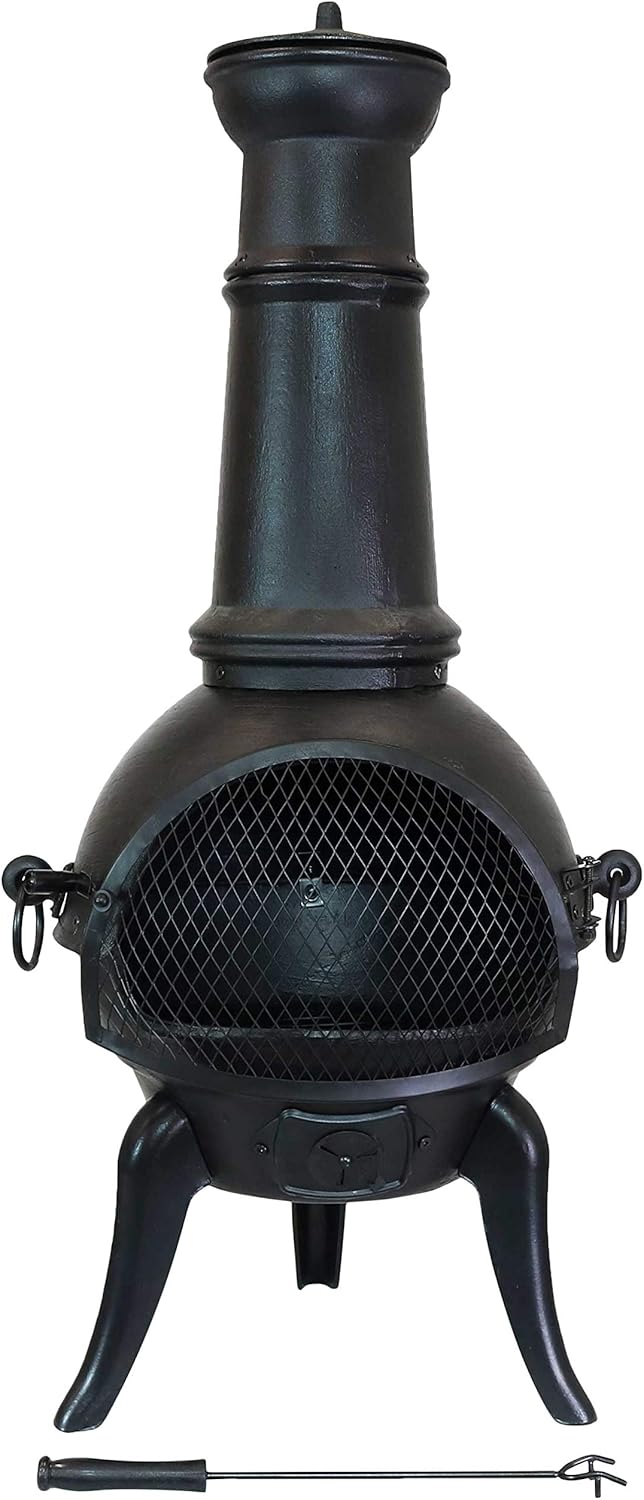 fire grate for fire pit on 42 Inch Backyard Patio Metal Outside Fireplace Wood Burning Fire Pit With Wood Grate Sunnydaze Pioneer Black Cast Iron Outdoor Chiminea Fire Poker And Cover Outdoor Heating Fire Pits Outdoor Fireplaces