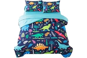 qjmiaofang 5 Pieces Dinosaur Bedding Twin Size for Kids Boys Jungle T-Rex Comforter Sets Animal Printed Bed in A Bag with Blu