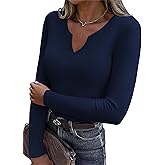 Zeagoo Womens Long Sleeve Shirts V-Neck Rib Knit Slim Fit Tops Casual Stretch Basic Tee Going Out Top Fall Fashion 2025