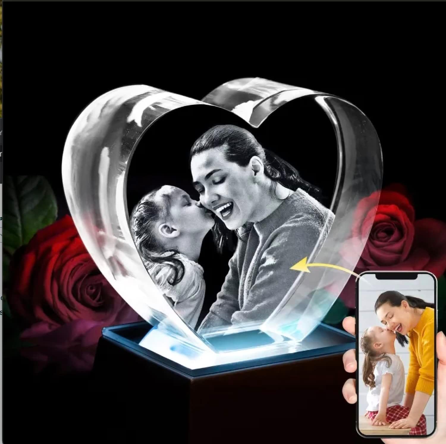 Photographs - 3D Crystal Photo Heart With Free LED Light Base - Personalized With Your Own Photo, Customized Laser Engraved Glass Picture Image for Valentine's Day, Mothers day, Mom, Dad Weddings (Small)