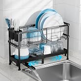 GSlife Narrow 2 Tier Dish Drying Rack - Expandable for Small Kitchens &amp; RVs | Compact 7 in Wide, Expands 15.7-20.7 in, 360&deg; Rotating Drain Spout, Removable Utensil Holder, Ideal for 1-2 People, Black