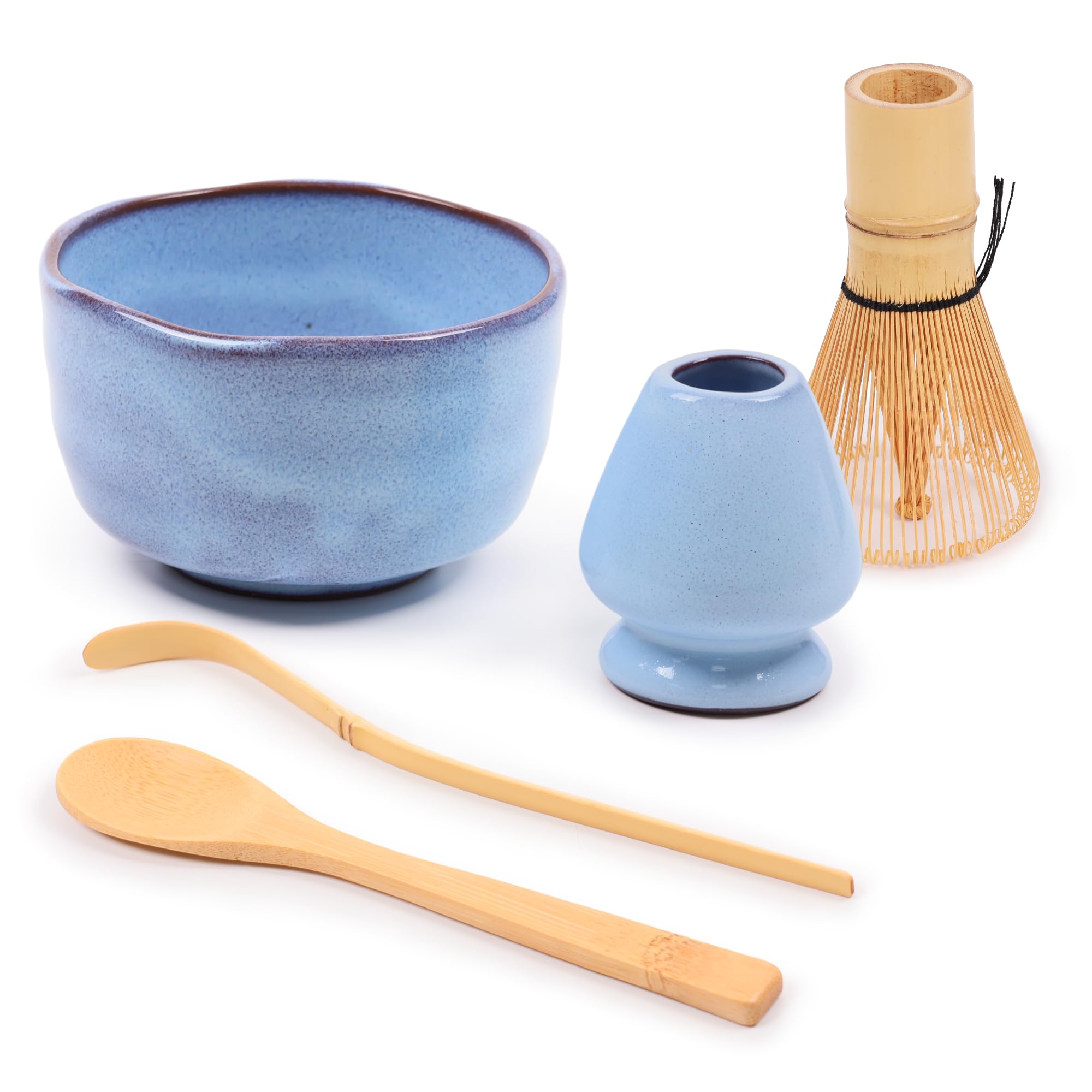 BambooMN Brand - Matcha Bowl Set (Includes Bowl, Rest,Tea Whisk, Chasaku, & Tea Spoon) 1 Set Shimmering Blue