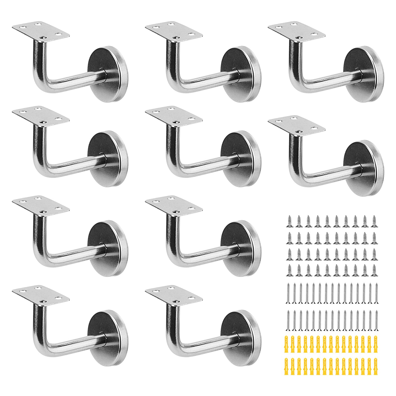 ZEONHAK 10 PCS Silver Stair Handrail Brackets, 60 x 80mm Stainless Steel Bannister Rail Brackets, Wall Mounted Handrail Fixing Brackets with Screws & Expansion Tubes for Stair Handrail