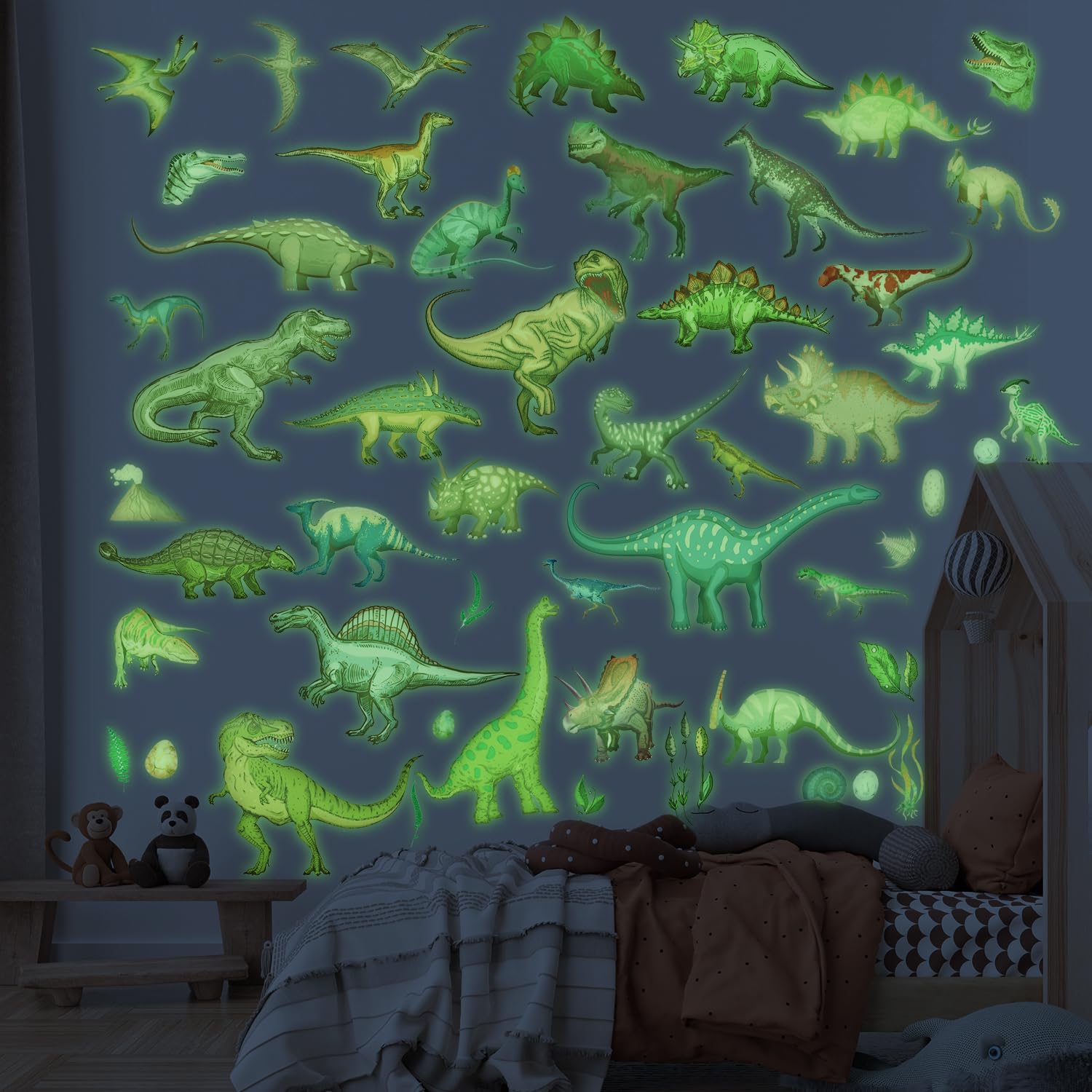 4 Sheets Glow in the Dark Dinosaur Wall Decals, Dinosaur Wall Stickers Reusable Dinosaur Wallpaper Luminous Dinosaur Sticker Dino Bedroom Decor for Boys Girls Nursery Playroom Gifts