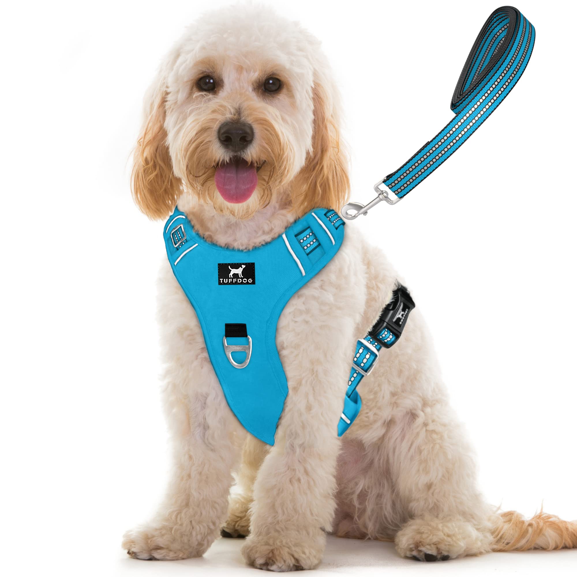 TUFFDOG Easy-Fit Dog Harness Medium - Fast Release Neck Clip, Premium Padded Reflective No Pull Harness with Control Handle, Adjustable Step-in Dog Vest Plus Free Matching Lead (M, Sky Blue)