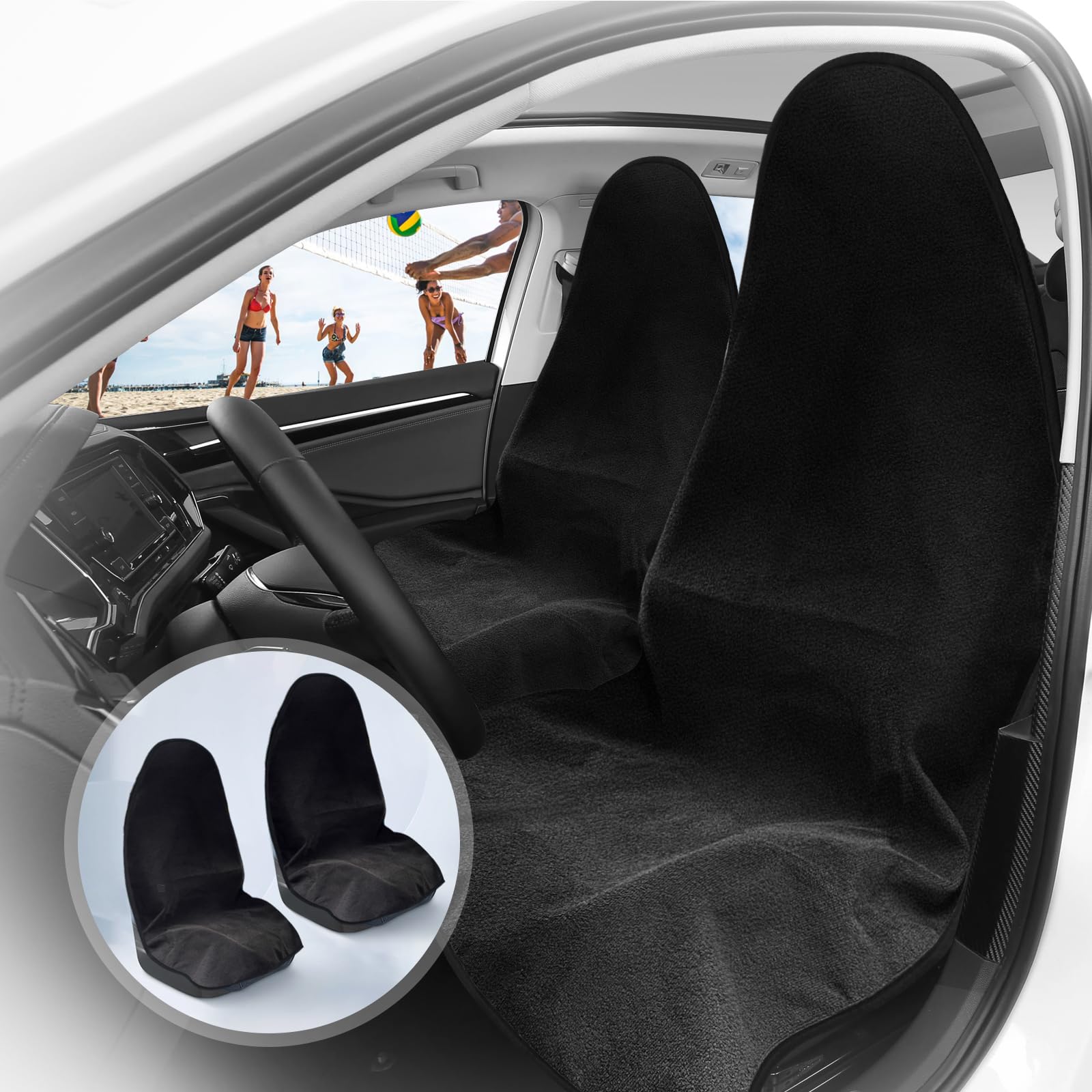 View 1 of ZIMABLUE 2PCS Terry Cloth seat Cover Universal Waterproof Car Sport Towel Seat Cushion Non-Slip Sweat-Absorbent Towel Cloth Suitable for All Seasons Waterproof Beach Seat Cover Washable