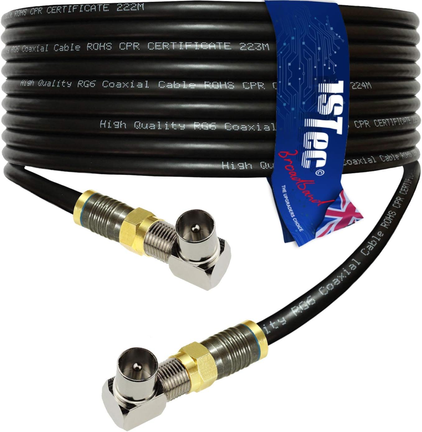 1STec 1m Black Right Angled Gold F-connector Coaxial Male Plug to Plug Digital Freeview BT Youview Aerial Wall Socket to LED LCD Flat Screen TV or DVR Extension Cable (1 Metre, Black)