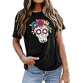 Ithalt Dia De Los Muertos Shirt for Women Sugar Skull Tshirts Day of Dead T-Shirts Skull Graphic Tops