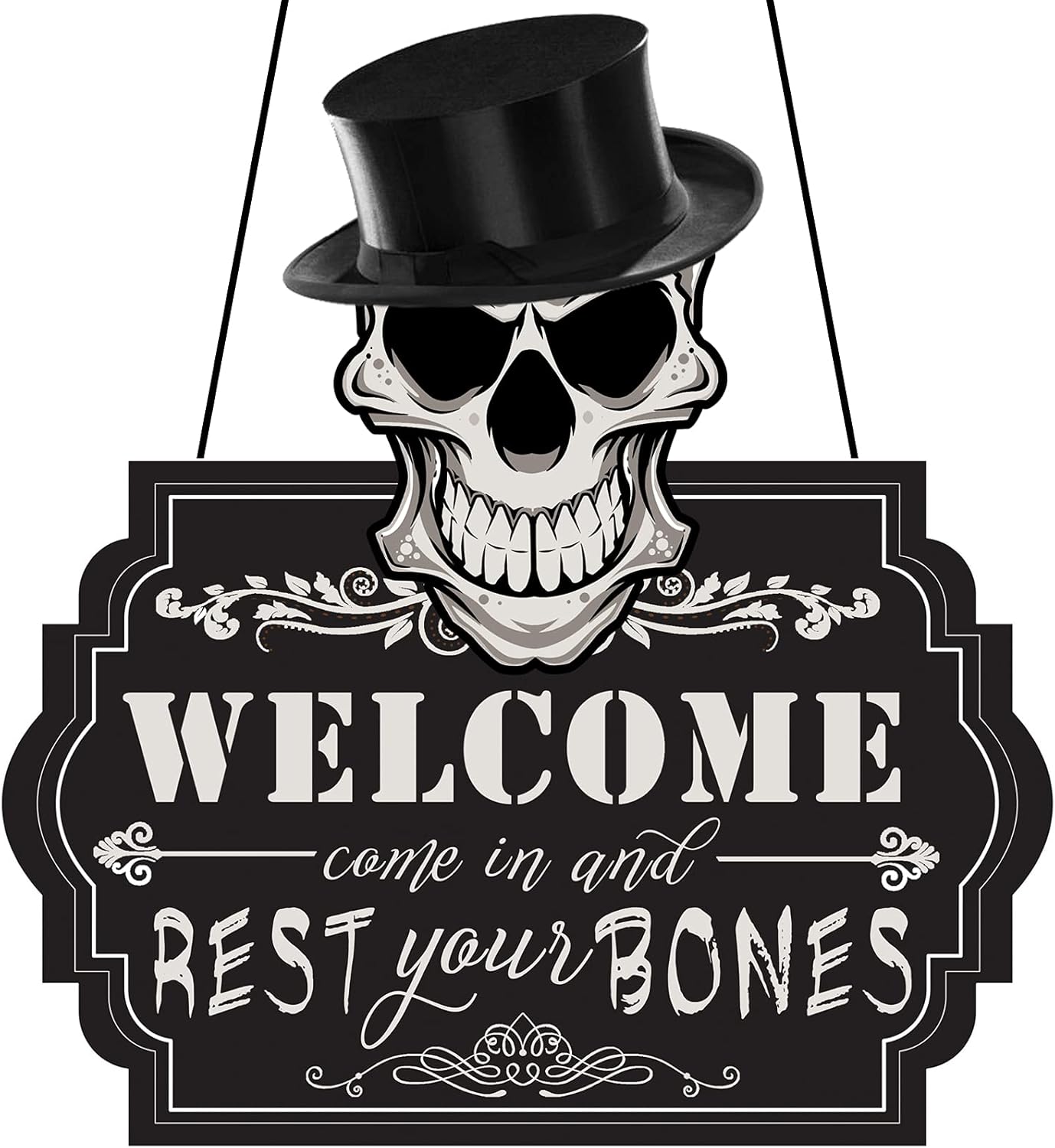 Yard Signs - Halloween Skeleton Decorations Door Hanger Sign, Plastic Halloween Welcome Sign with Rope for Spooky Halloween House Door Wall Decorations