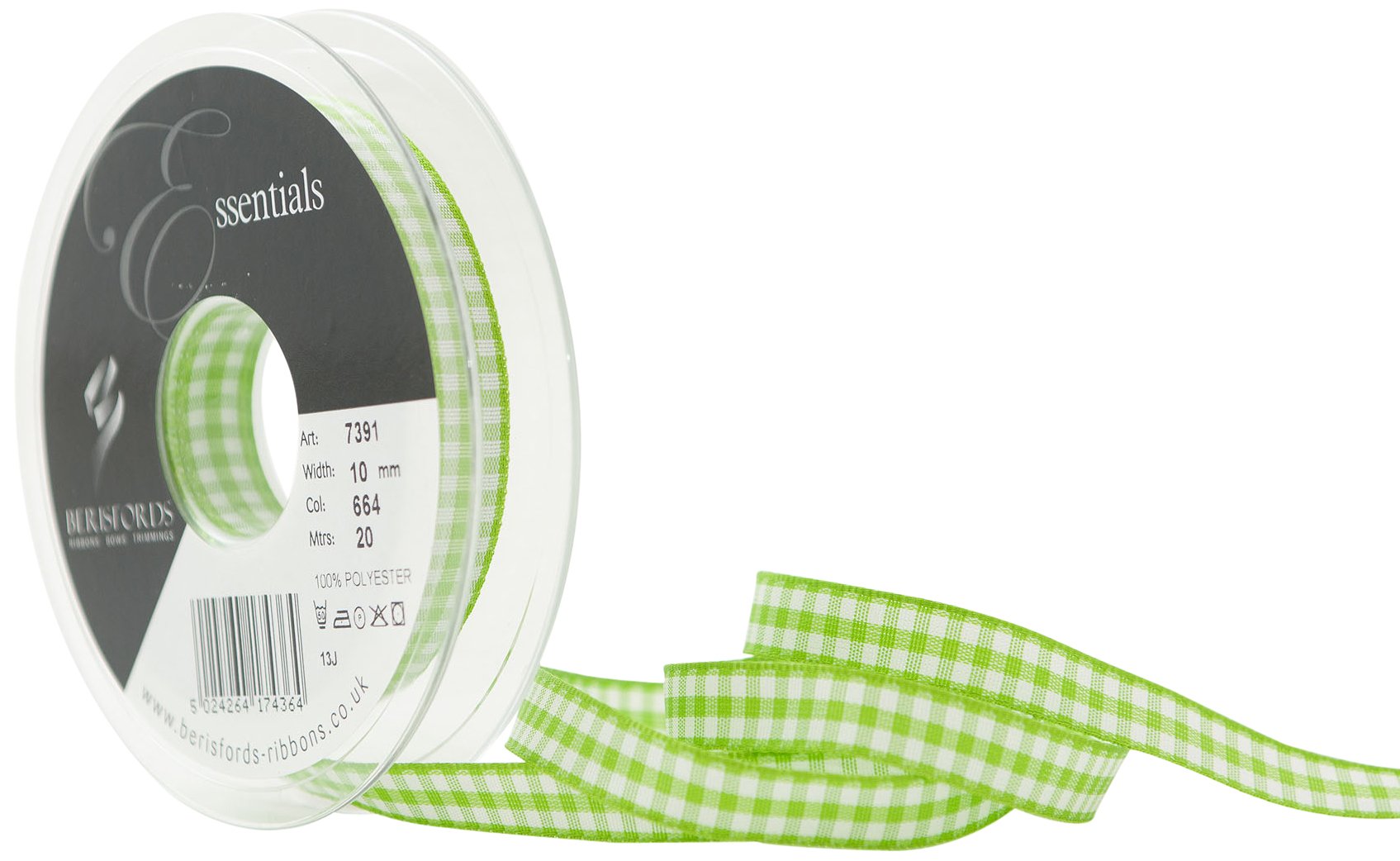Berisfords 10 mm Gingham Ribbon, Green