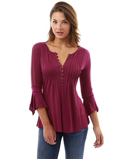 PattyBoutik Damen Henley Plissierte Bluse mit 3/4 Glocken-Ärmeln und Spitzen-Einsatz an den Armen