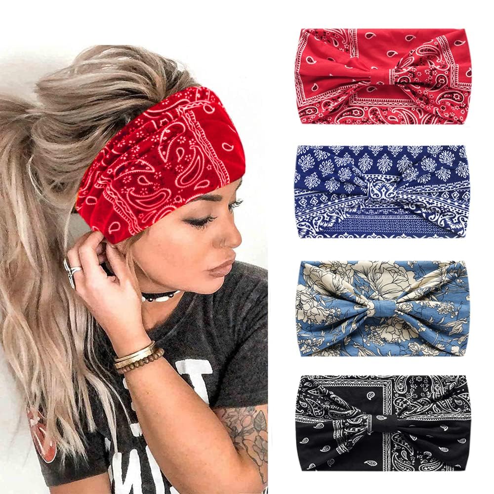 4Pcs Headbands for Women Wide Knotted Turban Bandana Boho Head Scarfs Wraps Yoga Hairbands Fabric Elastic Headband Sport Running Headscarves (Floral)