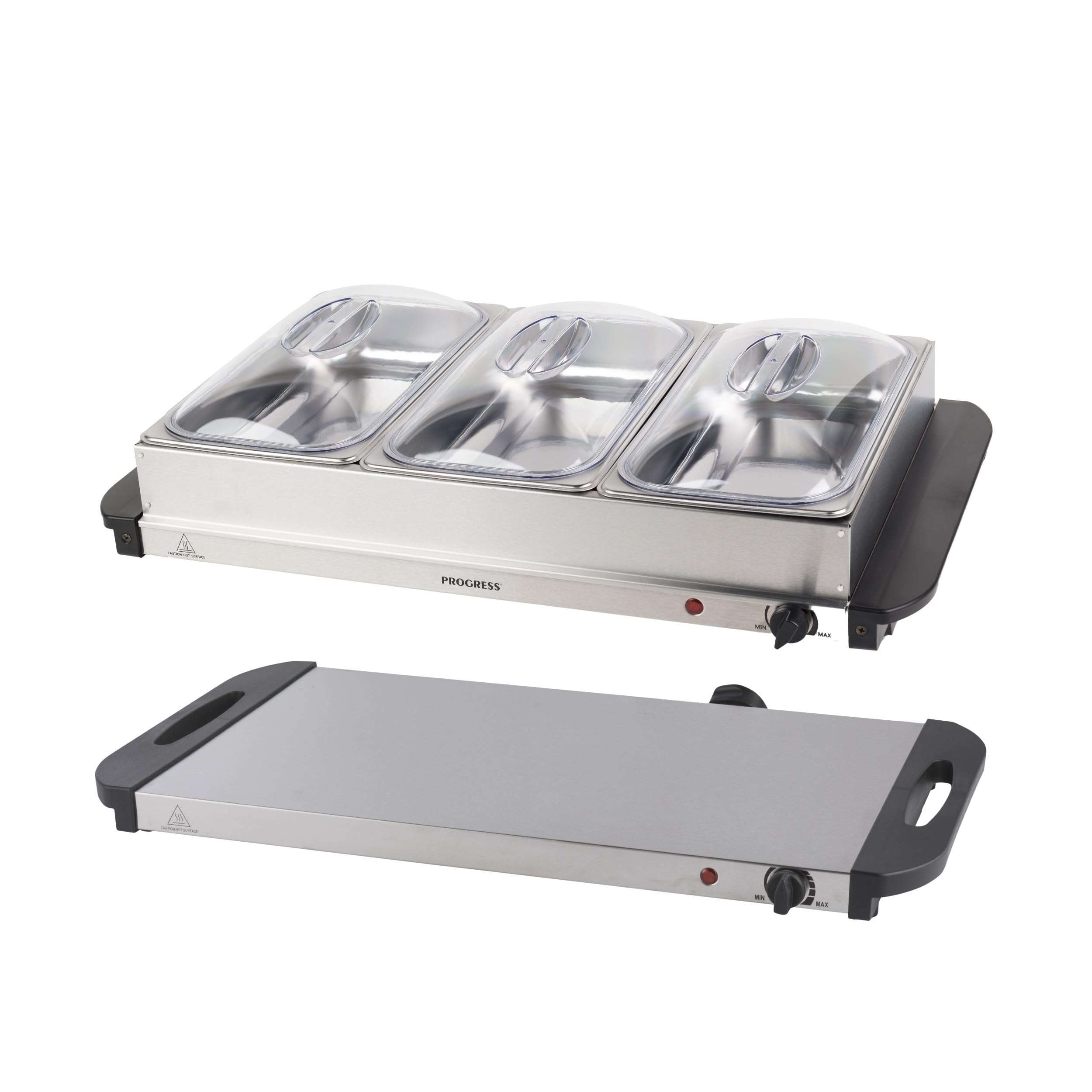 Progress Electric Buffet Server - 3 Pan Hot Plate, Food Warmer Tray, 3 x 2.5L Removable Sections, Adjustable Temperature, 300W Portable Chafing Dish, Bain Marie, Catering Buffet Serving Tray