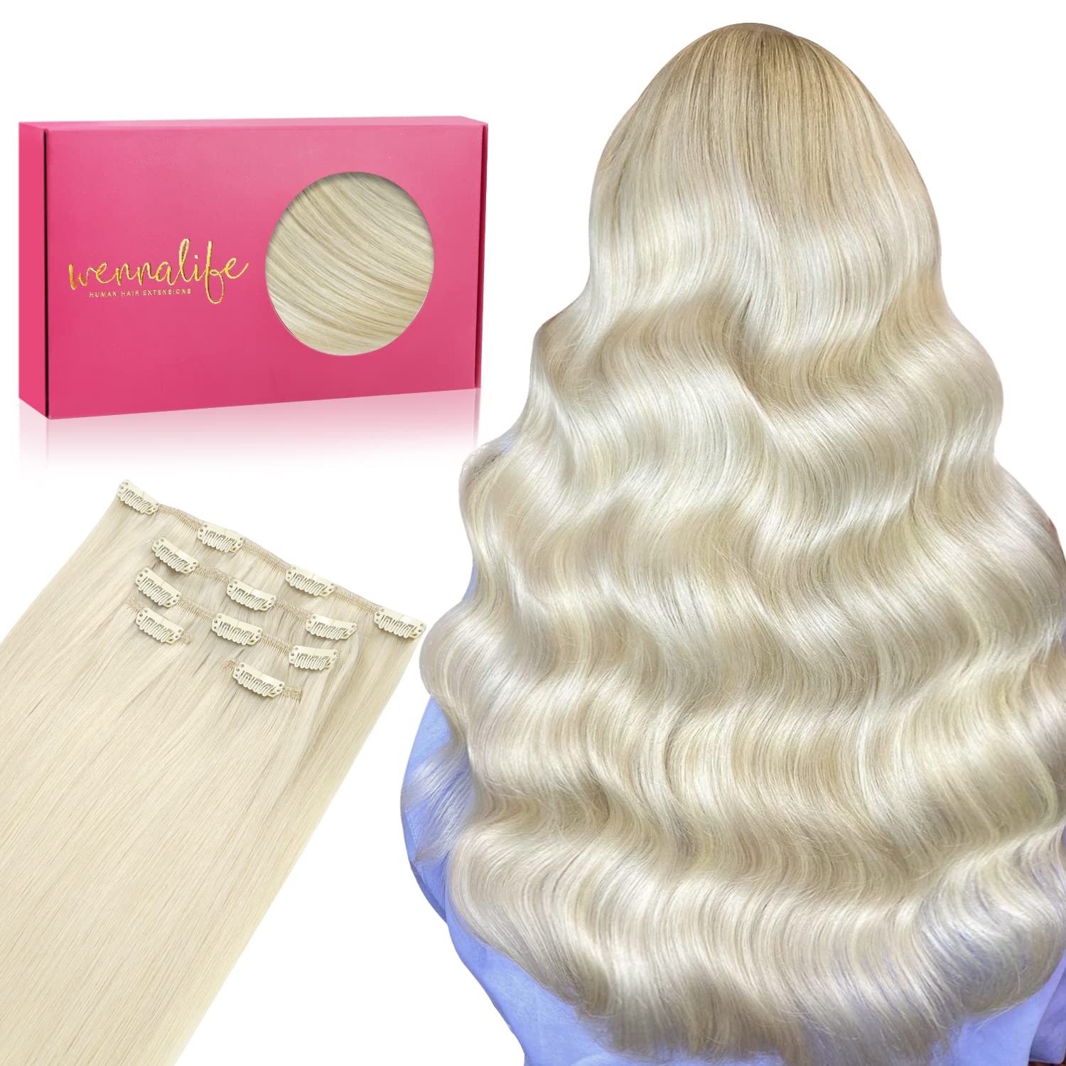 Wennalife Clip In Hair Extensions, 20 Inch 80g 5pcs Platinum Blonde Hair Extensions Clip In Real Hair Remy Human Hair Extensions Natural Silky Clip In Human Hair Extensions — image 1