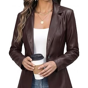 Ommiivex Women Leather Jacket Faux Slim Fit Ruched Sleeve Blazers for Casual Business Interview Semi Formal Work Outfit