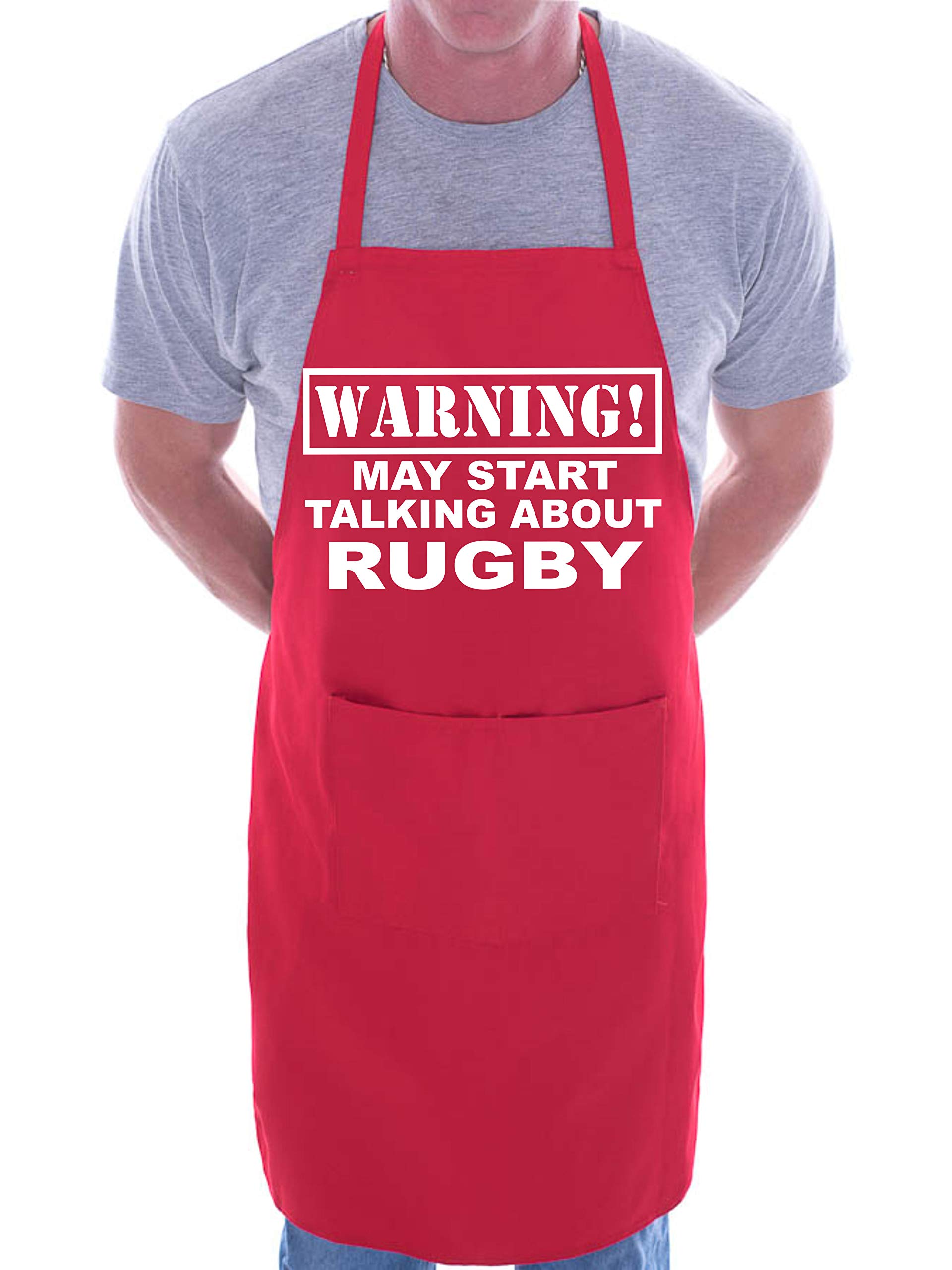 Print4U Warning May Talk About Rugby Fan Funny BBQ Novelty Cooking Apron Red