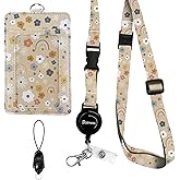 bolimoss Flowers Rainbows Badge Holder with Adjustable Retractable Lanyard, Cute Leather ID Name Badge Card Holder with Quick Release Buckle and Safety Breakaway Lanyards for ID Badges