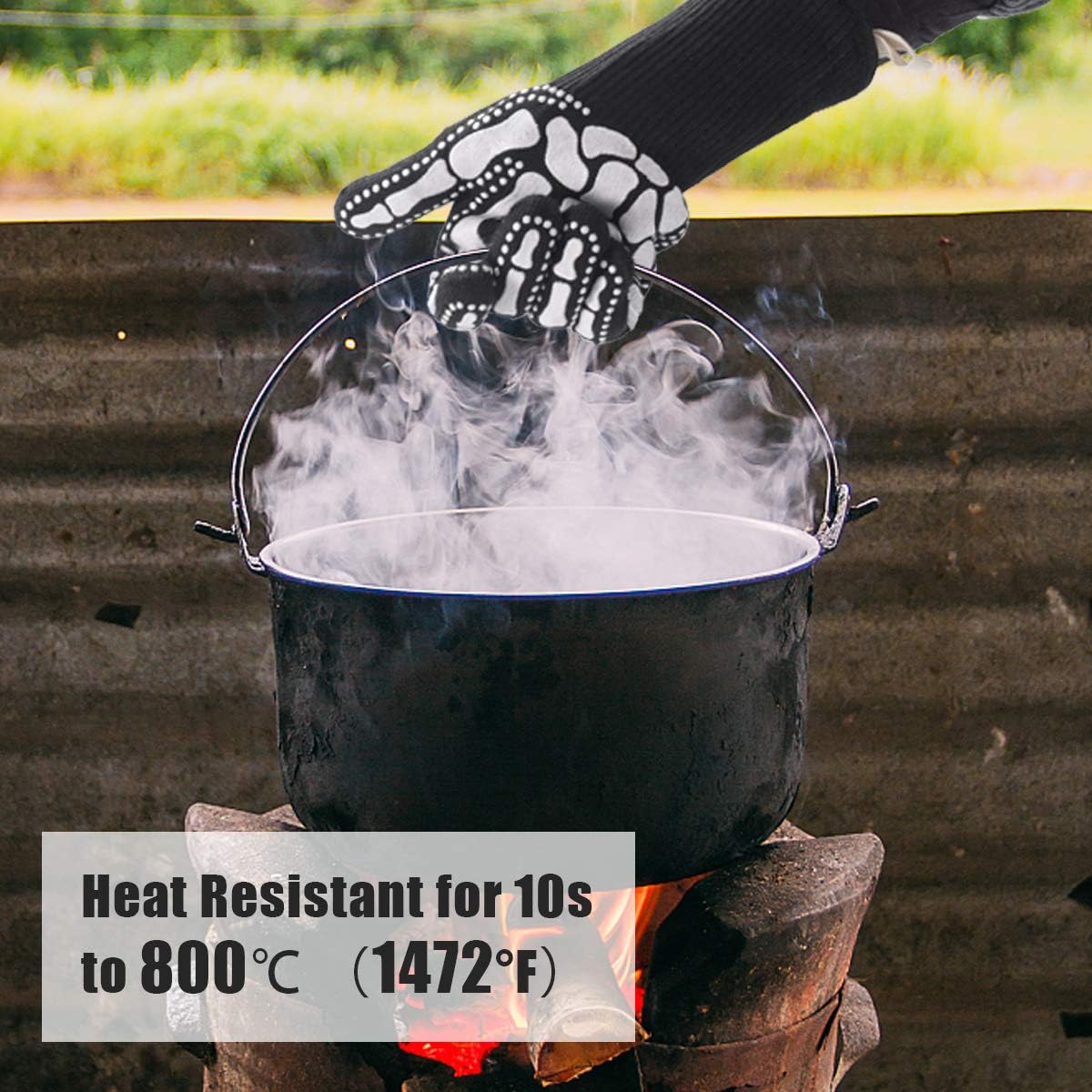 Black Skeleton BBQ Grill Gloves, COOLBEBE Unisex Cooking Oven Barbecue Gloves Kitchen Mitts with Skull Pattern - 1472°F Extreme Heat Resistant, Durable & Light Weight - 1 Pair : Garden & Outdoor