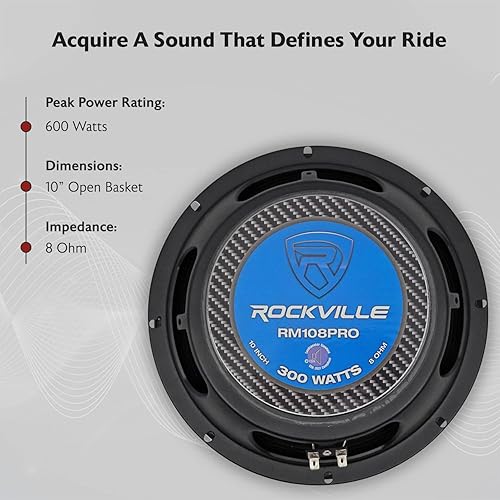 Rockville RM108PRO Mid-Range Pro Car Speaker, 10”, 600W, Ohm