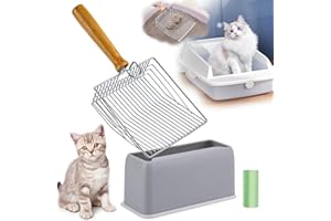 DHXYZZB Cat Litter Scoop, Metal Cat Litter Scooper with Holder Deep Shovel Kitty Poop Scooper Stand for Litter Box, Fast Sifting Non-Stick Large Cat Poop Sifting with Container to Store cat Scooper