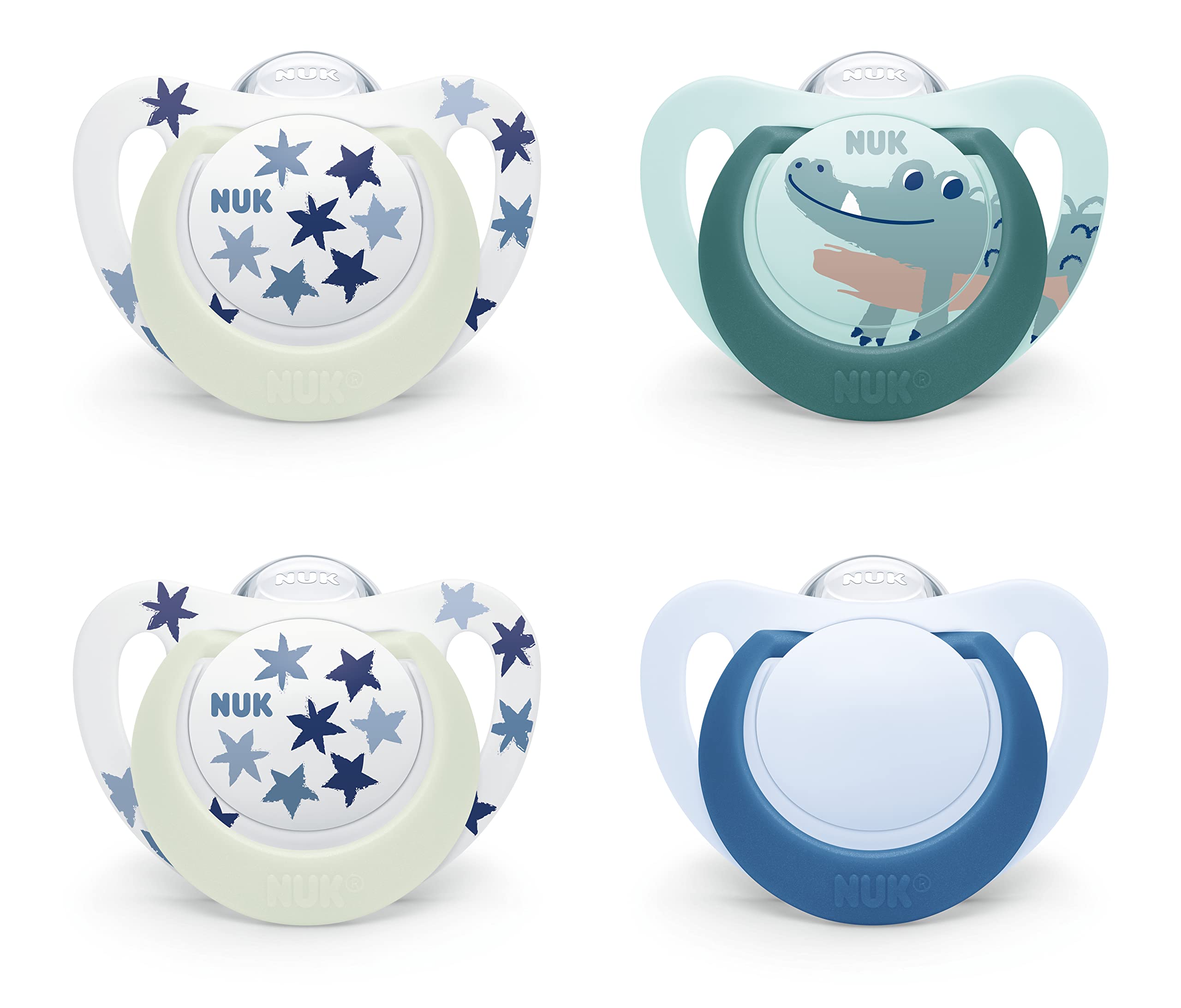 NUK Star Day & Night Baby Dummy | 18-36 Months | Soothes 99% of Babies | BPA-Free Silicone Soothers | Glow-in-the-Dark to Find at Night | Crocodile | 4 Count