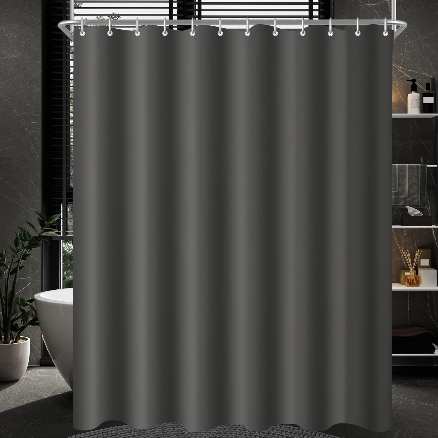 Lerores Shower Curtain, 180 x 220 cm, Dark Grey, Weighted Hem, Anti-Mould Textile, Water-Repellent, Washable Polyester Fabric Bath Curtains for Bathroom, Bathtub with 12 Shower Curtain Rings