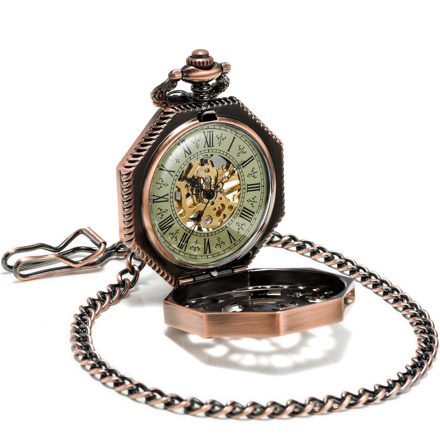 SEWOR Octagon Skeleton Pocket Watch Halloween Style Steampunk Mechanical Hand Wind (Red Copper)