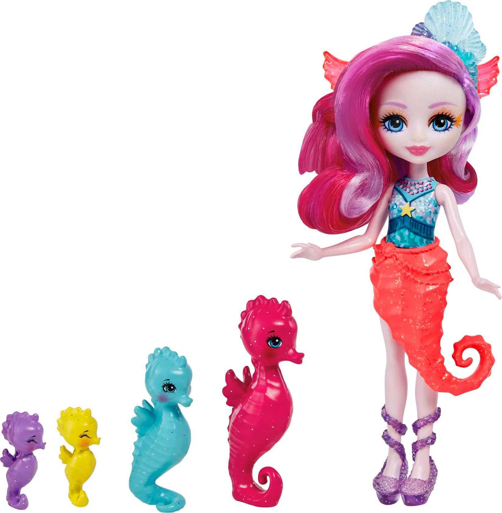 Enchantimals Family Toy Set, Sedda Seahorse Doll (6-in) with 4 Seahorse Animal Figures, Great Gift for 3 to 8 Year Old Kids, HCF73